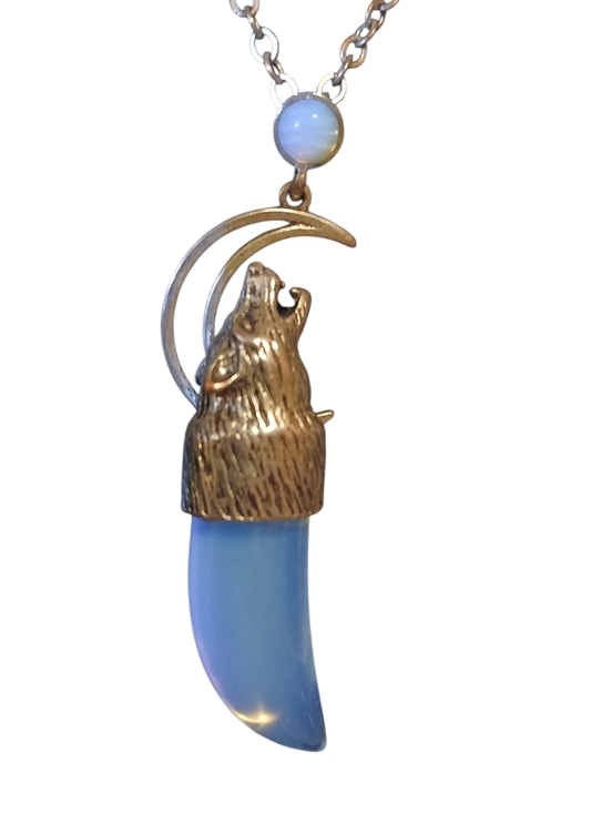 The Unbranded Brand Jewelry - Wolf Crescent Moon Necklace with Blue Opal Pendant